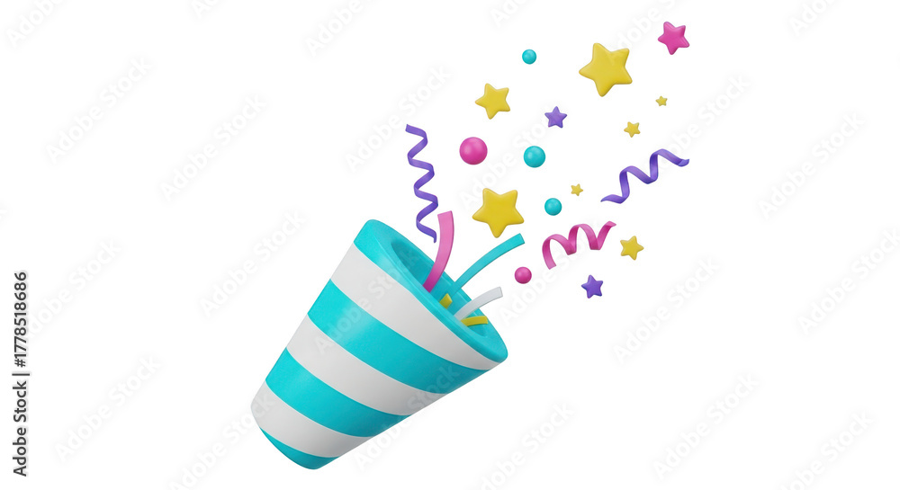 Obraz premium Party Popper Exploding With Confetti Stars and Ribbons isolated on a transparent background