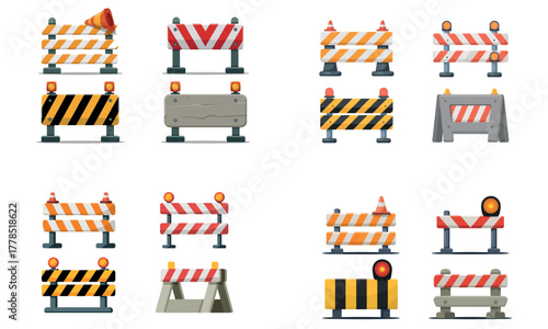 Road construction barrier illustration set with safety warning signs
