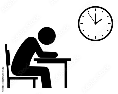 Stick figure slumped at desk with clock showing time.