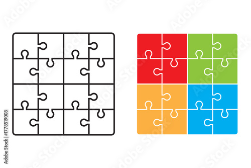 Puzzle pieces icon set. Puzzle jigsaw outline icons on white background - stock vector.