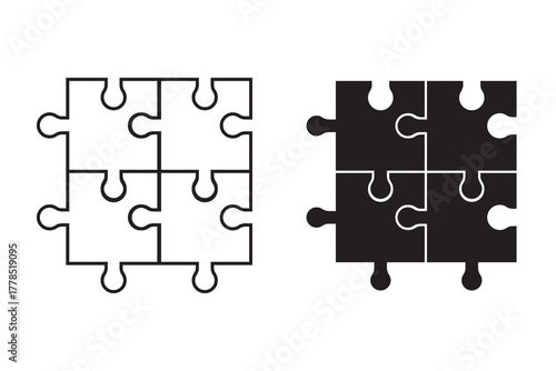 Puzzle pieces icon set. Puzzle jigsaw outline icons on white background - stock vector.