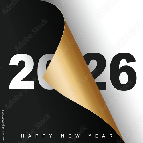 Happy New Year 2026 concept with golden page turn. Vector