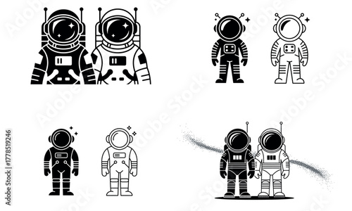 Astronaut characters in space suits set of black and white vector icons
