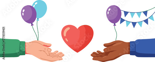 Diverse hands offering and receiving a red heart and balloons