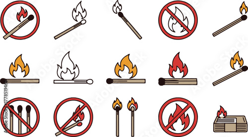 Icons and illustrations of matches and fire safety symbols