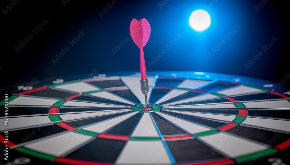 Fototapeta premium Pink Dart Hits the Bullseye on a Dartboard, Symbolizing Success