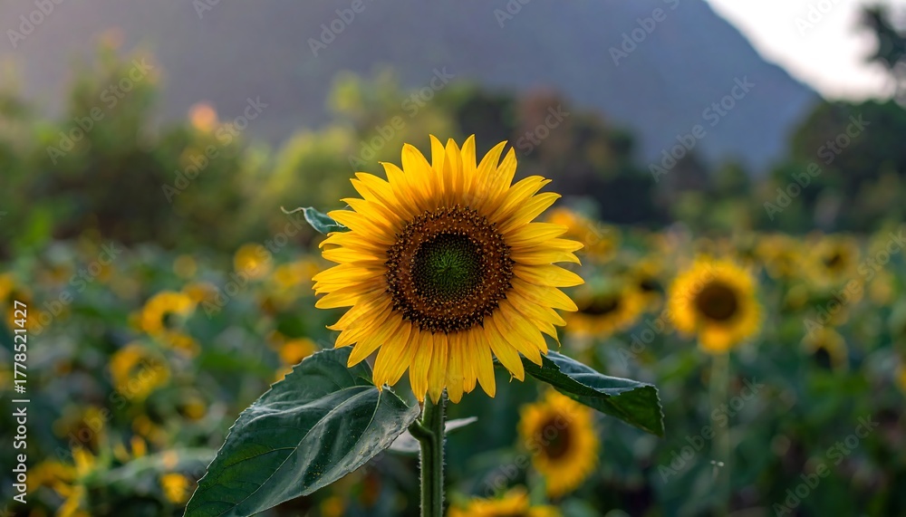Obraz premium A single sunflower blossoms brightly against a blurred field and mountain
