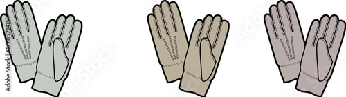 Three pairs of gloves in different colors laid out on a white background, graphic illustration