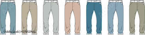 Vector illustration set of men's casual trousers in a diverse color palette, technical fashion flat sketch for apparel design and clothing mockups