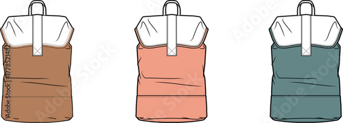 Three minimalist roll-top backpacks, elegantly illustrated in a vector style with various appealing color options, perfect for fashion design elements and accessory presentations
