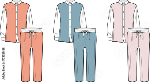 Children's casual wear outfit set with long-sleeve button-down shirt and jogger pants. Vector fashion flat sketch template