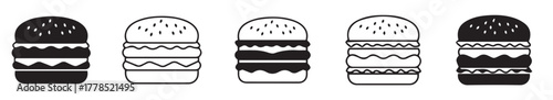 Versatile set of nine outlined burger illustrations, ideal for menus, kids' content, or doodle-style graphic designs. Delicious fast food icons, vector illustration.