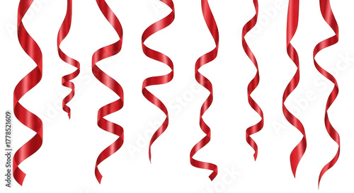 Red Curled Ribbons Hanging Down isolated on a transparent background red ribbon curling ribbon