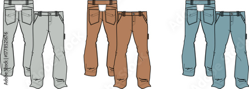Collection of three pairs of work pants in different colors grey, brown, and blue, displayed front-on