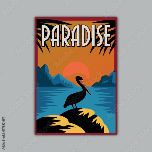 Paradise Beach Vintage Poster Vector – Retro Pelican Bird Illustration with Ocean Waves, Tropical Vibes, and Classic Coastal Design Perfect for Travel Prints, Wall Art, and Tourism Graphics