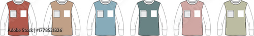 Collection of sleeveless tops in various colors with chest pockets and crew necks, presented as garment sketches