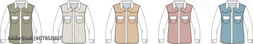 Fashion illustration of safari vests in various colors for women’s apparel design