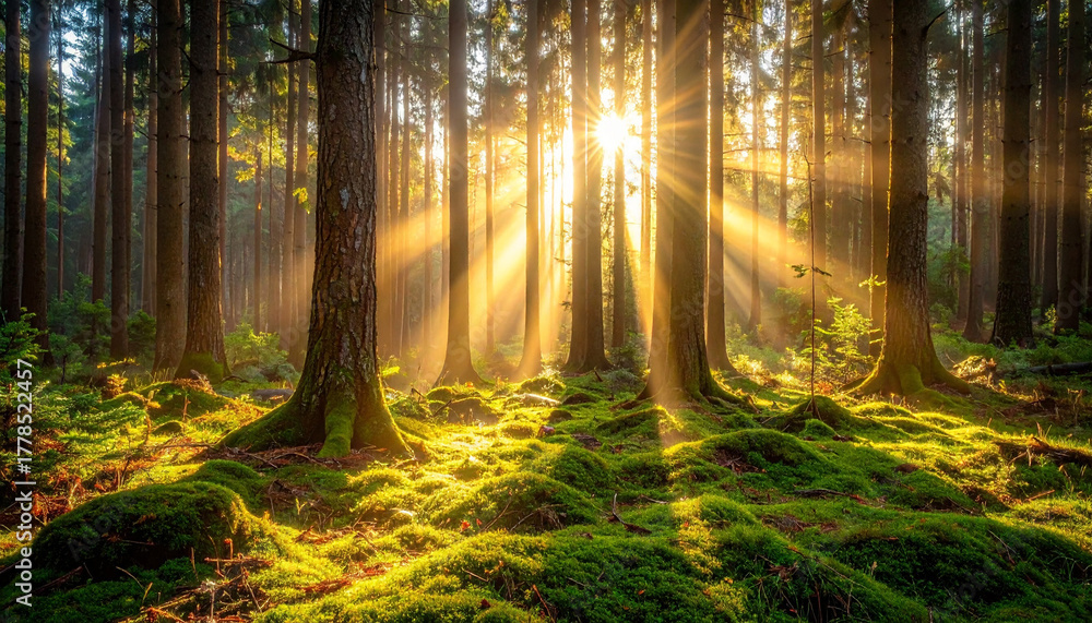 Obraz premium 黄金の朝日が満ちる濃い森