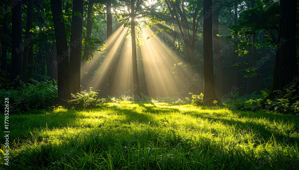 Fototapeta premium 密な樹冠からこぼれる光のスポット