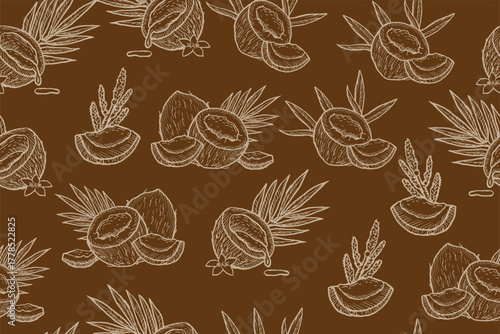 Coco palm fruit outline seamless pattern on dark. Tropical print in vintage style. Coconut vector illustrations. Seamless background with nuts.