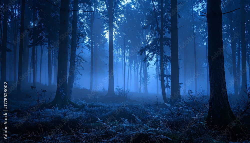 Fototapeta premium 薄い霧と冷たい光の森