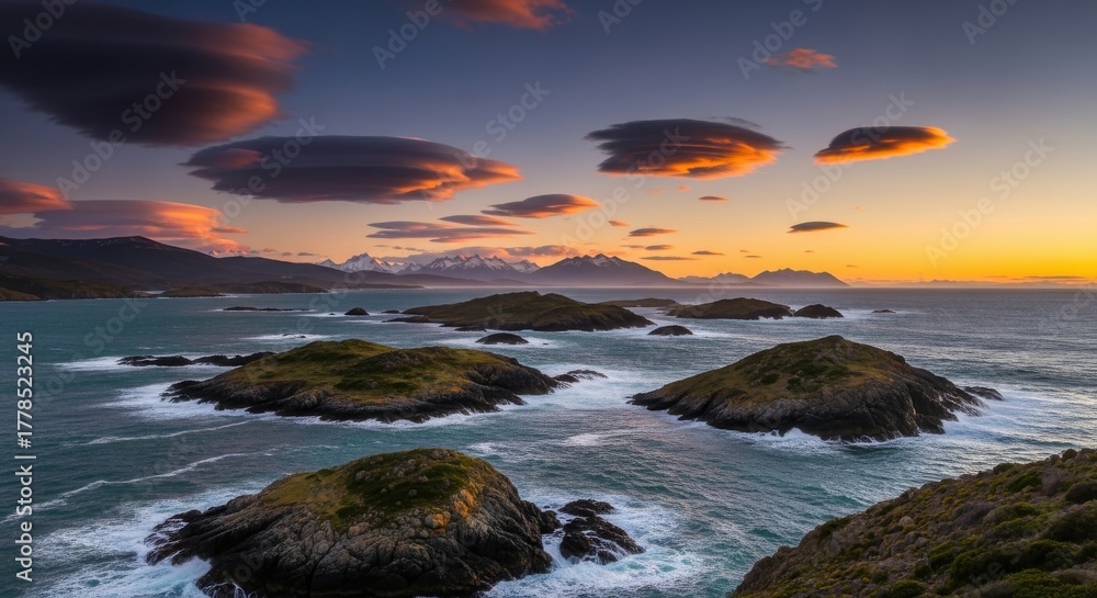 Fototapeta premium Dramatic patagonian archipelago scenery at dusk, with lenticular clouds and mountain ranges
