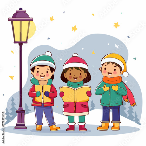 Three cheerful children in winter clothing singing Christmas carols under a lamppost on a snowy Christmas Day with a joyful mood and colorful illustration style.