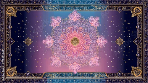 Intricate geometric mandala with celestial sparkles and ornate border