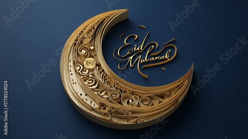 Ornate golden crescent moon with arabic calligraphy for eid greetings