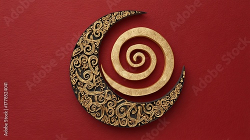 Intricate golden swirl design on a deep red textured background wall art
