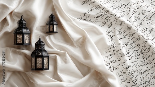 Elegant islamic lanterns adorn flowing white fabric with intricate calligraphy pattern