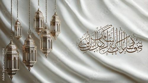 Elegant islamic calligraphy adorns white fabric with hanging lanterns