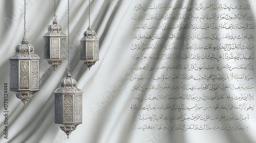 Ornate islamic lanterns suspended against a draped fabric with arabic calligraphy