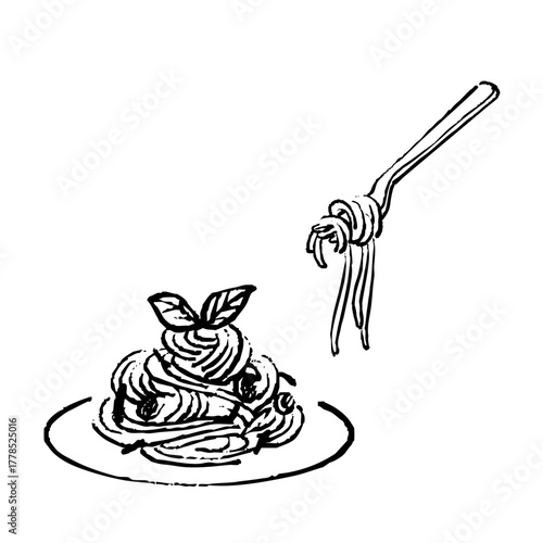 パスタの手書きイラスト　モノクロ