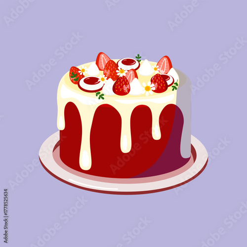 Creamy strawberry cake with white icing and fresh fruit topping in a soft bakery design.