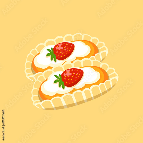 Mini strawberry pie with golden crust and white cream in elegant dessert illustration.