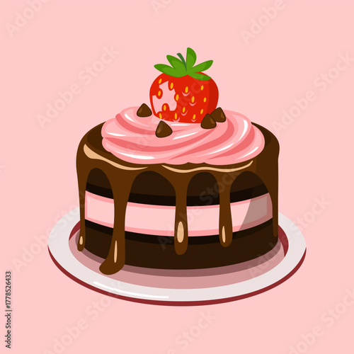 Chocolate layer cake with pink strawberry cream and fresh strawberry topping.