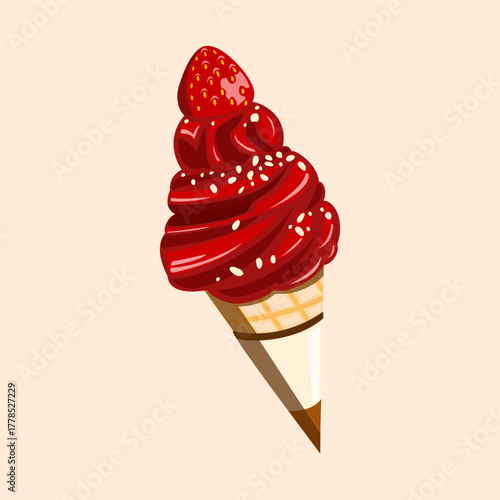 Strawberry soft serve ice cream in cone with glossy red texture and sprinkles.