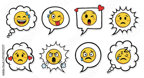 Cartoon Emoji Faces in Speech and Thought Bubbles – Expressive Emotion Icon Set