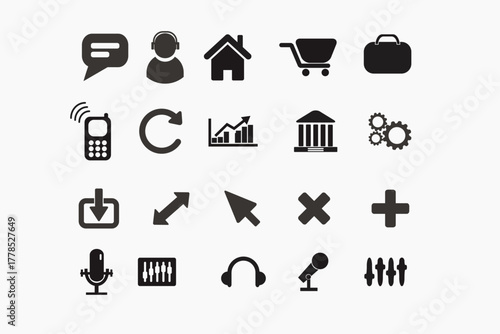 Minimal vector icon set – travel, transport, hotel, food, and business symbols