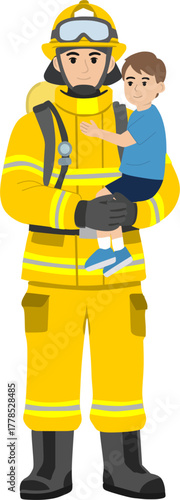 Firefighter Rescuing a Child, Brave Firefighter in Uniform with a Kid