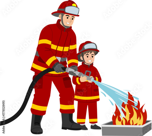 Firefighter Training a Child to Use a Hose,Fire Safety Education for Kids