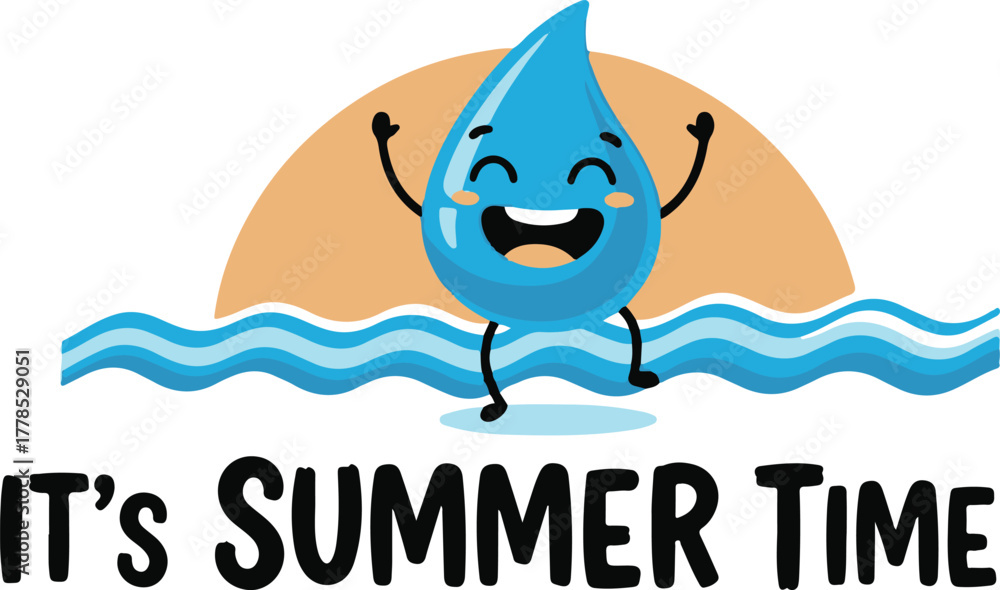 Naklejka premium Happy Water Drop Character Surfing on Waves with Sun and Text