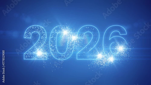 Video animation of abstract neon light with the numbers 2026 over blue background - represents the new year - vacation concept.
