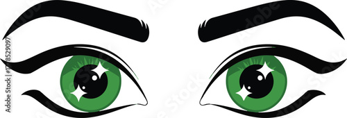 Pair of green eyes with sparkling pupils and black eyebrows Keywords: green eyes, human eyes