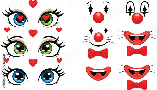 Stylized Eyes and Clown Mouths with Hearts on White