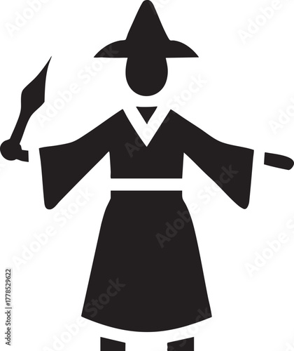 Wizard wearing pointed hat, robe, and holding a magic wand