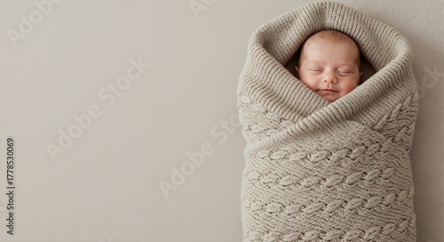 A sleeping newborn baby swaddled in a cozy beige knitted blanket. Top view portrait of a peaceful infant with copy space for text