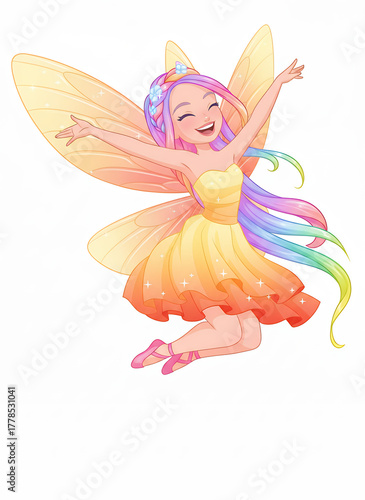 Joyful Rainbow Fairy Flying with Outstretched Arms