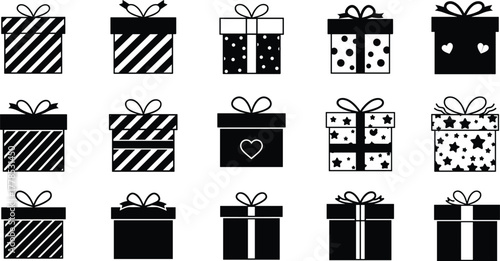 Black and white vector icon set of assorted gift boxes, featuring various stripe, polka dot, star, and heart patterns, perfect for holiday, birthday, Christmas, wedding, or celebration design element